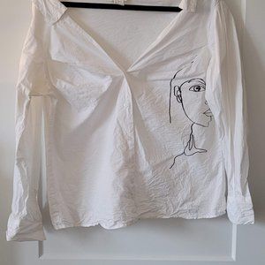 H&M White Face Drawing Off the Shoulder Shirt Cotton